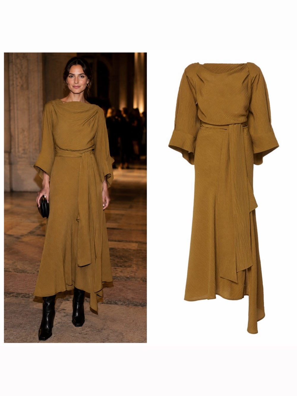 PETAR PETROV Brown Midi Dress Silk Belted Olive Green Kimono Sleeve 4 NWT 🟡